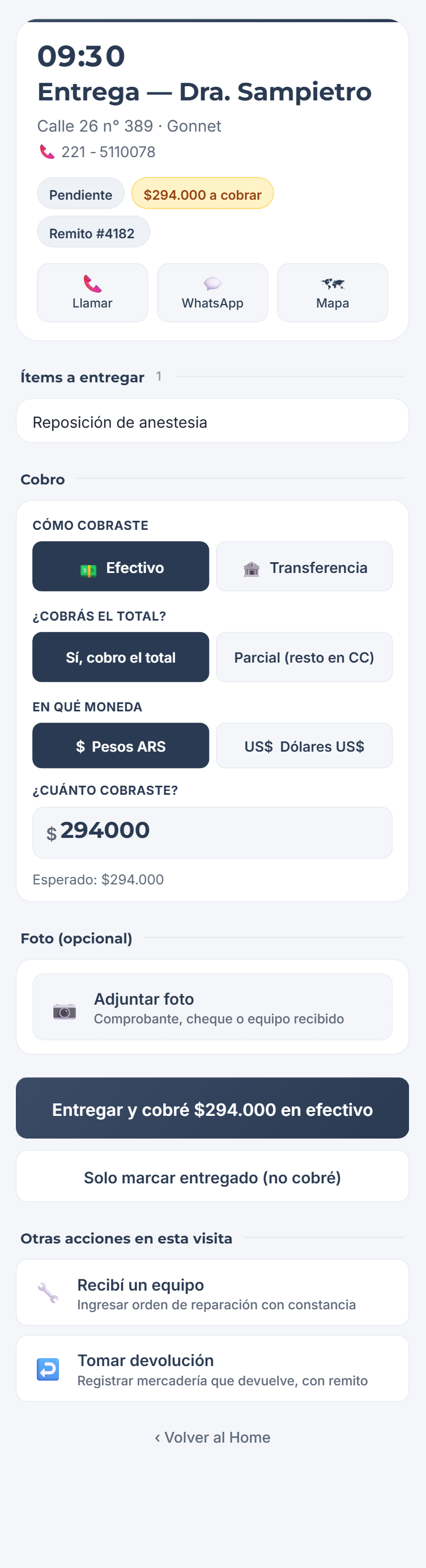 Pantalla del modo calle en el celular: la parada con el monto a cobrar y los botones de cobro